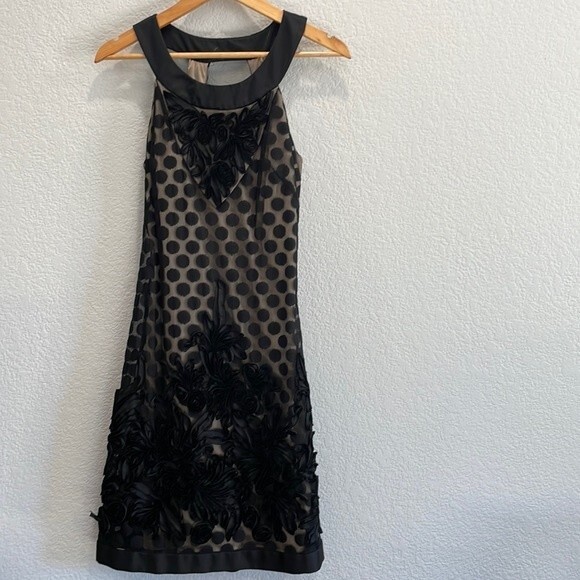 Sue Wong Champagne with Black Dot Floral 3D Applique Overlay Dress Size 6 - Picture 1 of 11